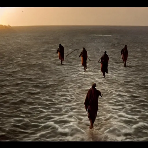 Prompt: the Israelites crossing the red sea, exodus, cinematic lighting, film still directed by Steven Spielberg