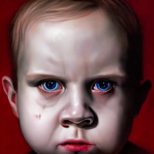 Prompt: high quality high detail painting by gottfried helnwein, hd, portrait of a psychopath, intense unsettling look in the eyes, photorealistic lighting