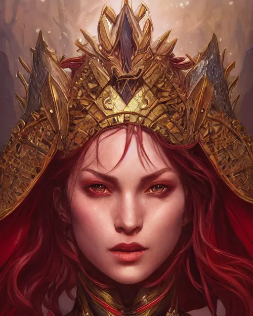 Image similar to Portrait of a Fantasy crimson knight, moonlit, HD, illustration, epic, D&D, fantasy, intricate, elegant, highly detailed, digital painting, artstation, concept art, smooth, sharp focus, illustration, art by artgerm and greg rutkowski and alphonse mucha, monster hunter illustrations art book