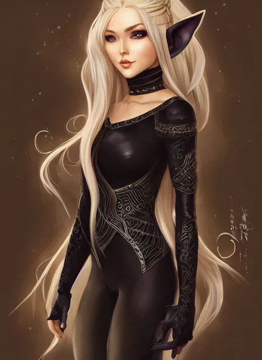 Prompt: full body portrait of beautiful elf, skintight jet black leahter coat, black leggins, blond braided ponytail haircut, happy, high fantasy, extemely detailed, dnd, smooth, sharp focus, art nouveau, by artgerm, sakimichan, rossdraws