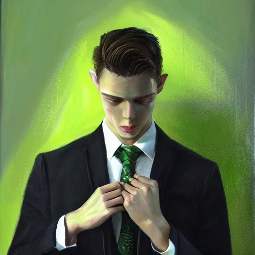 Image similar to A beautiful painting of a young man, blonde, wearing a suit, oil painting, green eyes, gloomy lighting, hyper detailed, trending on artstation