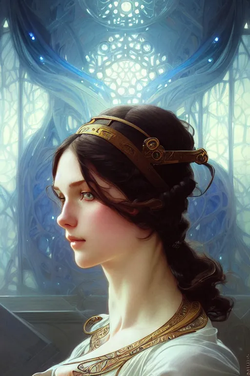 Image similar to Portrait of astonishingly beautiful girl, blue eyes, face, fantasy, intricate, elegant, highly detailed, digital painting, artstation, concept art, smooth, sharp focus, illustration, art by artgerm and greg rutkowski and alphonse mucha