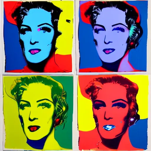 Image similar to old - style cyborg, 6 panels by andy warhol, with highly contrasted colors and an illuminating background