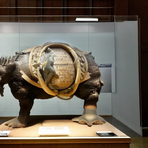 Prompt: bad taxidermy Blastoise on display at the Louvre Museum