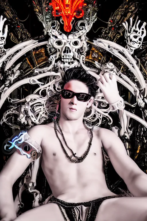 Image similar to full-body rococo and cyberpunk style neon statue of a young attractive Tanner Buchanan wearing cholo shades macho android sim roupa reclining con las piernas abertas, glowing white lasers, glowing eyes, white prince crown, black gears, diamonds, swirling mint-colored silk fabric. futuristic elements. full-length view. human skulls. large intricate artwork by caravaggio. Trending on artstation, octane render, cinematic lighting from the right, hyper realism, octane render, 8k, depth of field, 3D