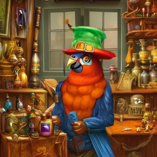 Image similar to Anthropomorphized parrot trader in his shop, selling his wares, portrait, items, magic potions, carpet, window, fancy hat, sly expression , cunning expression, cute expression, D&D, fantasy, cinematic lighting, highly detailed, digital painting, artstation, concept art, smooth, sharp focus, illustration, warm light, cozy warm tint, magic the gathering artwork, volumetric lighting, 8k, art by Akihiko Yoshida, Greg Rutkowski