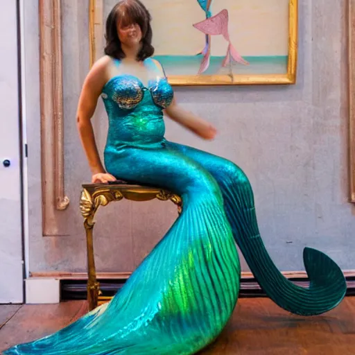 Prompt: woman in a mermaid costume sitting on a small pedestal, as an exhibit in an art gallery, promotional photo