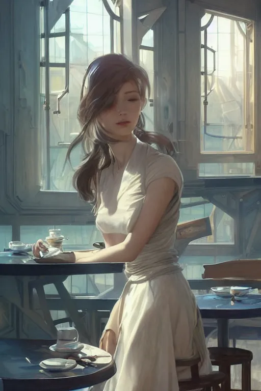 Image similar to an attractive serene cute android in a cafe, partially human , partially biomedical design , natural atmosphere, great high details, highly reaslitic, cinematic lighting, intricate, elegant, super highly detailed, art station, concept arD, beautiful, delicate, art by artgerm and greg rutkowski and alphonse mucha and loish and WLOP