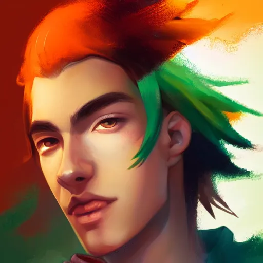 Image similar to colorful and Festive Captivating teenager boy with straight green hair, green eyes, dark skin tone, wearing a white captain hat and orange jacket. rich vivid colors, ambient lighting, dynamic lighting, 4k, atmospheric lighting, painted, intricate, highly detailed by Charlie Bowater