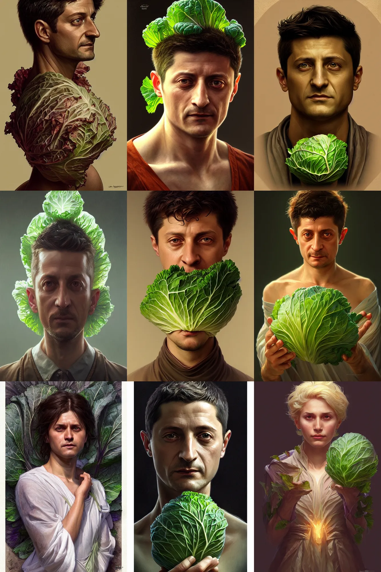 Prompt: vladimir zelensky as cabbage, realistic portrait, symmetrical, highly detailed, digital painting, artstation, concept art, smooth, sharp focus, illustration, cinematic lighting, art by artgerm and greg rutkowski and alphonse mucha