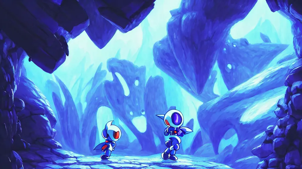 Prompt: megaman zero stage 1 the ice cave, studio ghibli, pixar and disney animation, sharp, rendered in unreal engine 5, highly detailed, digital painting, artstation, hollow knight, smooth, sharp focus, illustration, wide angle, wallpaper, splash art, promo art, dramatic lighting, art by artgerm and greg rutkowski and bo chen and jin xiaodi