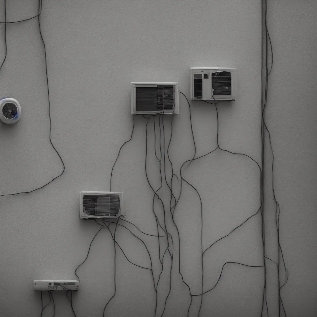 Image similar to close - up seen a profile wall with an air conditioner in the room and an air conditioner on the terrace with water spray faded conneted by transparent cables, depth of field, sunny, ultra realistic, very detailed, 8 k hyper realistic detailed cinematic still by nadav kander