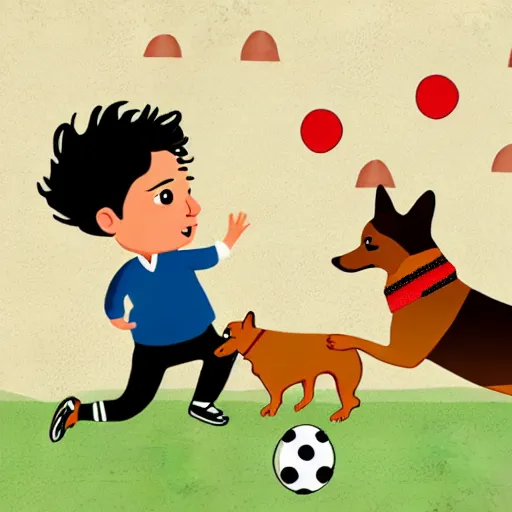 Image similar to illustration of french boy in paris playing football against a corgi, the corgi is wearing a polka dot scarf