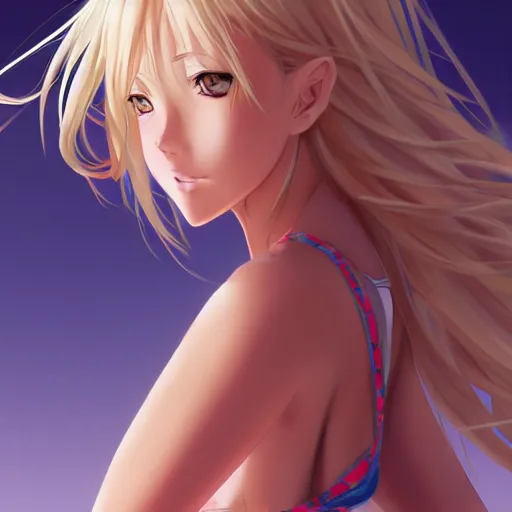 Image similar to a very beautiful young anime skater girl, full body, long wavy blond hair, sky blue eyes, full round face,, bikini, miniskirt, front view, mid - shot, highly detailed, cinematic wallpaper by stanley artgerm lau