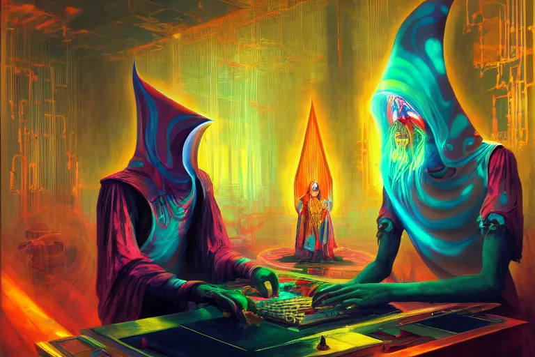 Image similar to a highly detailed beautiful masterpiece painting of a technomancer wizard in robes with pointed hood discussing sentience with his synthesized AI djinn in his laboratory near a computer by Remedios Varo and Anato Finnstark and Greg Rutkowski, dayglo pink, dayglo blue, dazzle camouflage, 8k, trending on ArtStation