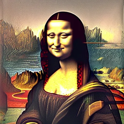 Image similar to metal robot machinery in the style of the mona lisa