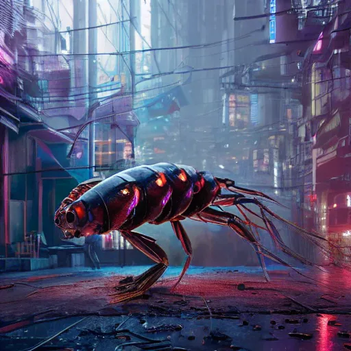 Image similar to a giant robotic shrimp standing in a dystopian city, cyberpunk, dystopian, god, evil, villain, sharp focus, dynamic lights, still, photograph, hyper realistic, masterpiece, digital, octane render, rendered, 3 d, blender, 3 d software, cinematic, cinematic lighting, dramatic lighting, dramatic, highly detailed, intricate details, texture, slime, cinematic composition