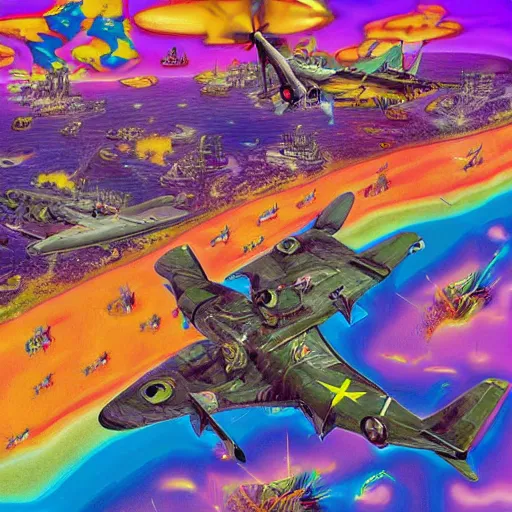 Image similar to “ battle of normandy in the style of lisa frank, historical photograph, aerial photo, wide angle, realistic, cyberpunk ”
