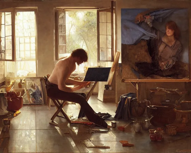 Prompt: an exhausted painter in his studio painting a picture of a beautiful girl - key lighting, soft lights, by steve hanks, by edgar maxence, by caravaggio, by michael whelan, by delacroix, by serov valentin, by tarkovsky, 8 k render, detailed, oil on canvas