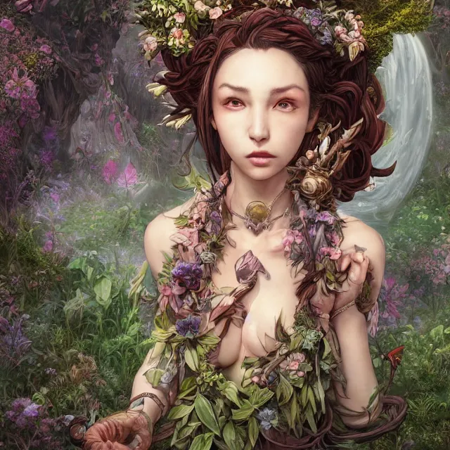 Image similar to the portrait of chaotic good female druid botanist as absurdly beautiful, gorgeous, elegant, young gravure idol, an ultrafine hyperdetailed illustration by kim jung gi, irakli nadar, intricate linework, sharp focus, bright colors, octopath traveler, final fantasy, unreal engine 5 highly rendered, global illumination, radiant light, detailed and intricate environment