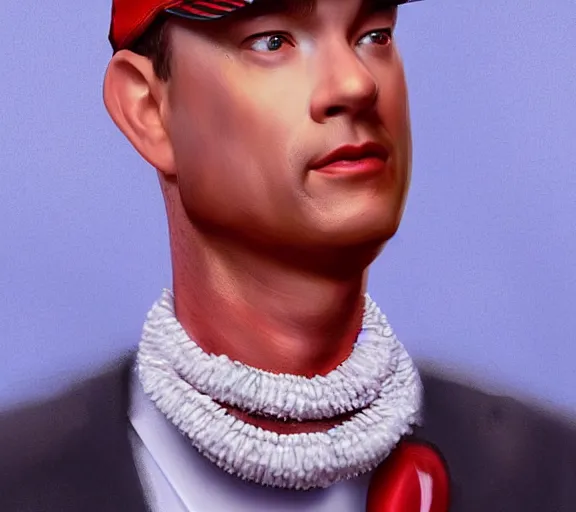 Image similar to Tom hanks as forrest gump wearing a necklace of shrimps around the neck, realistic face, digital art, in the style of Raphael Lacoste, amazing detail, artstation