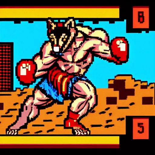 Image similar to full body portrait. 1 6 bit sega graphics. antropomorphic muscular masculine wolf, kickboxer fighter, in shorts, in front of destroyed city. wolf head. furr on body. at night. 1 9 8 9