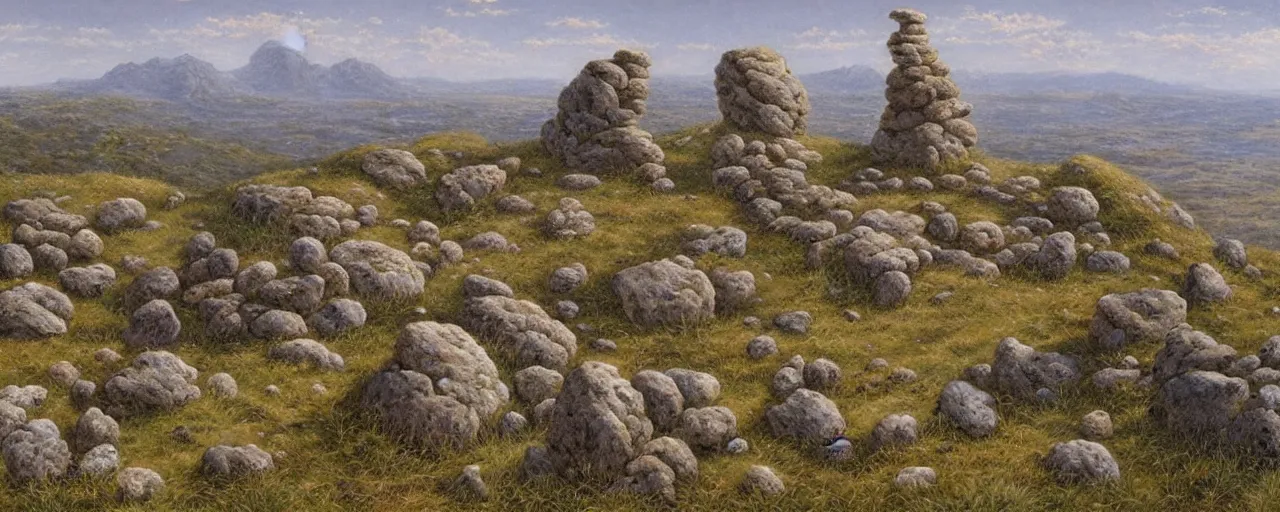 Image similar to a high hill landscape with a circle of large stones in the shape of fingers on the top, by ted nasmith