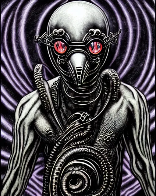 Image similar to dark scary atomospheric detailed outsider cyberpunk demon with scaly tentacles from the netherealm wearing a gas mask by hr giger and alex grey