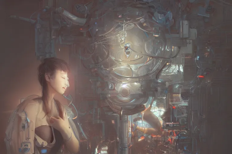 Image similar to hyperrealistic photography of a machine entering a female host in the style of Jin Kagetsu, James Jean and wlop, highly detailed, sharp focus, intricate concept art, digital painting, ambient lighting, 4k, artstation