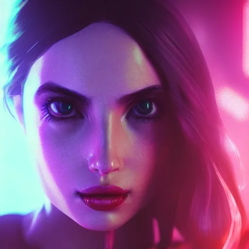 Prompt: ana de armas neon horns, detailed face, sharp focus, synthwave art, aesthetic, octane render, raw, cinematic