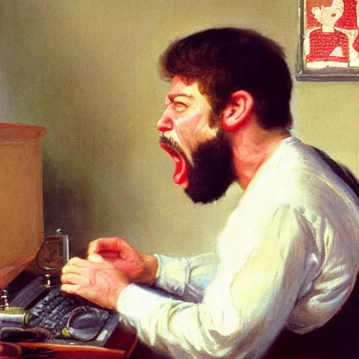 Image similar to an angry man yells at his computer monitor, oil on canvas, 1 8 8 3, highly detailed