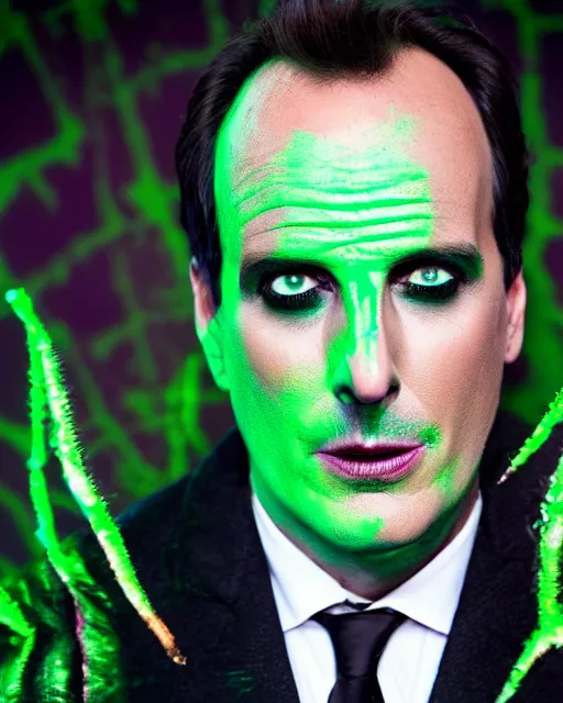 Prompt: Will Arnett as Beetlejuice, makeup, green hair, cinematic lighting, 4k photograph