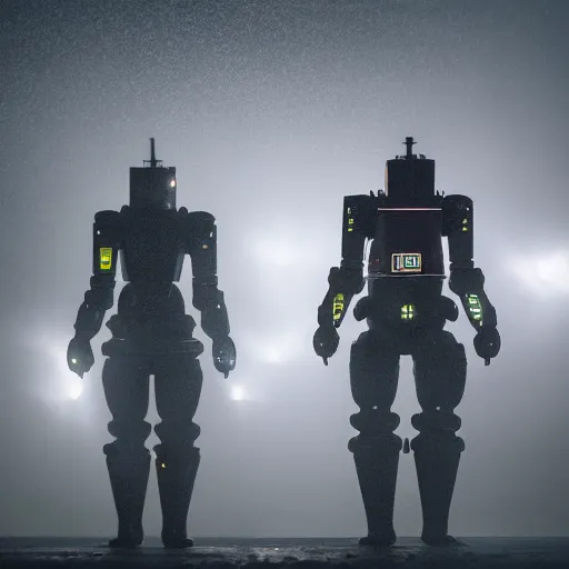 Prompt: 2 robot warriors battling each other in heavy rain, ground fog, lighting, moody lighting, 8 k, shallow depth of field, cinematic lighting,