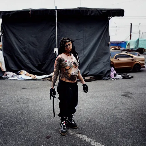 Image similar to Cinestill 50d candid extreme wide shot of a poor techwear mixed woman with tattoos outside of a futuristic Los Angeles on fire, homeless tents on the side of the road, military police, cyberpunk, 4k, extreme long shot, desaturated, full shot, action shot, blurry, high resolution, 4k, 8k, hd, full color