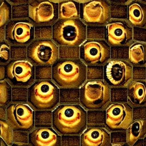 Image similar to a honeycomb with human eyes everywhere, creepy horror