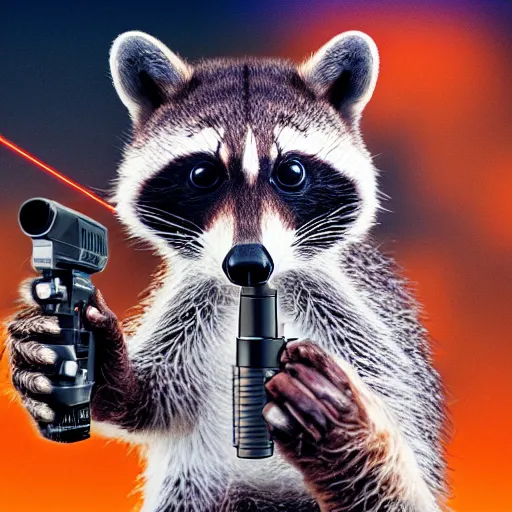 Image similar to racoon holding a laser gun, digital art , centred award winning 4K