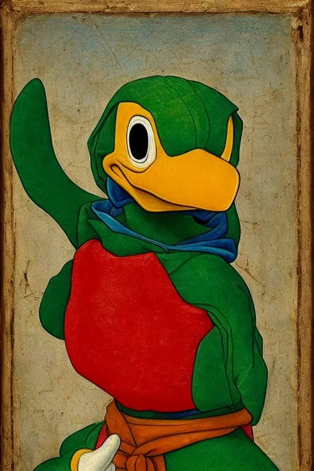 Image similar to a renaissance portrait of donald duck as a green parrot ninja turtle, beautiful intricate painting