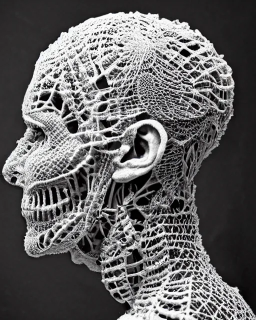 Image similar to a man's face in profile, made of intricate lace skeleton, in the style of the dutch masters and gregory crewdson, dark and moody