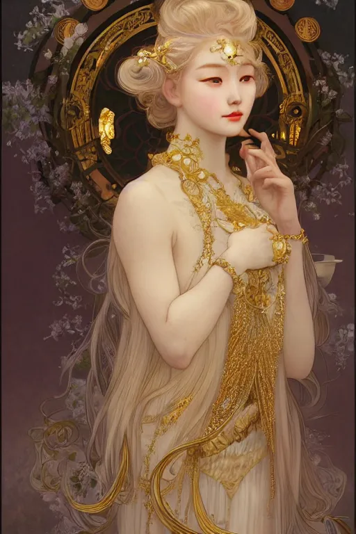 Prompt: beautiful asian girl, blonde hair, gold, god, white hair, 1 9 2 0 s fashion, fantasy, highly detailed, intricate, ethereal, highly detailed, sharp focus, artstation, digital painting, horror art, art by alphonse mucha, cedric peyravernay, tom bagshaw