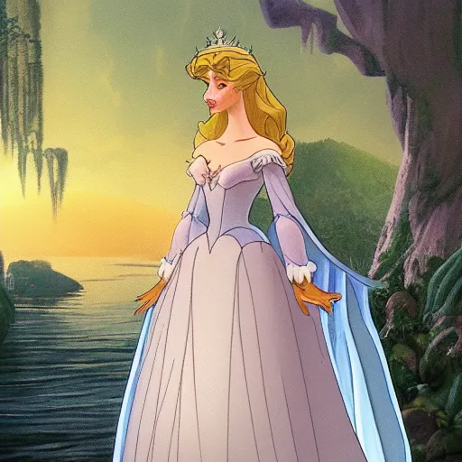 Prompt: rendered in unrealengine, soothing in the usa by don bluth, by marc silvestri. a painting, beauty & mystery of princess aurora. enigmatic smile & gaze invite us into her world, & we cannot help but be drawn in. soft features & delicate way she is dressed make her almost ethereal. landscape distance & mystery. what secrets princess aurora holds.