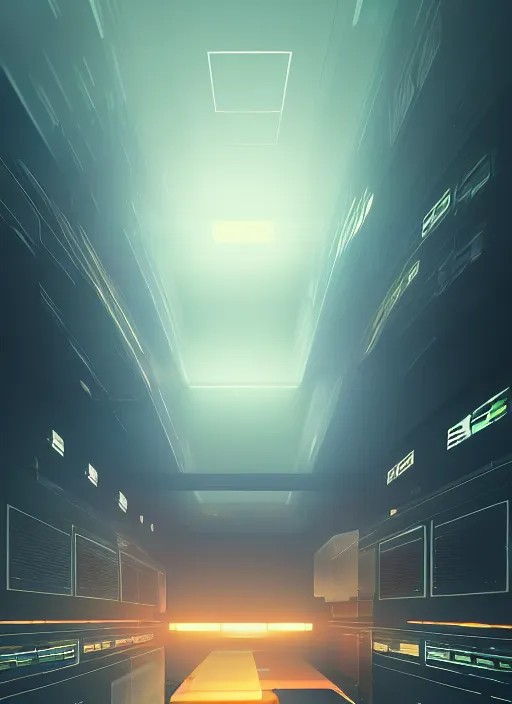 Image similar to abstract data center server, business technology blurred polygonal geometric space, hi tech digital interior, cinematic view, epic sky, detailed, concept art, low angle, high detail, warm lighting, volumetric, godrays, vivid, beautiful, trending on artstation, by jordan grimmer, huge scene, art greg rutkowski