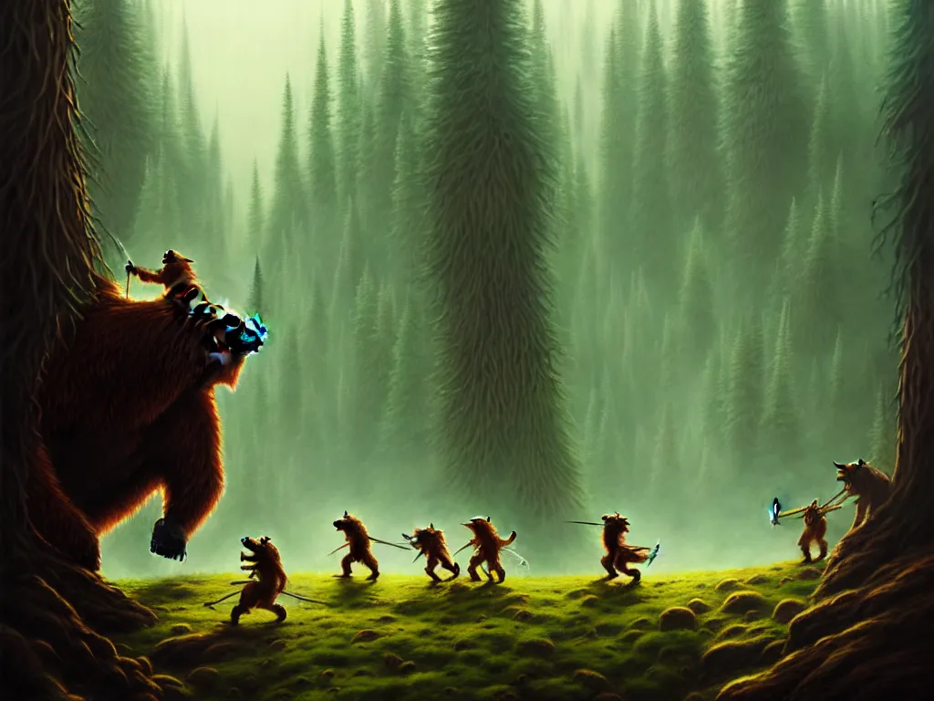 Prompt: highly detailed concept art of colossal bear fighting goblins in a middle - earth forest, an ultrafine detailed painting, trending on deviantart, neo surrealism, sharp focus, octane, masterpiece, art by anato finnstark