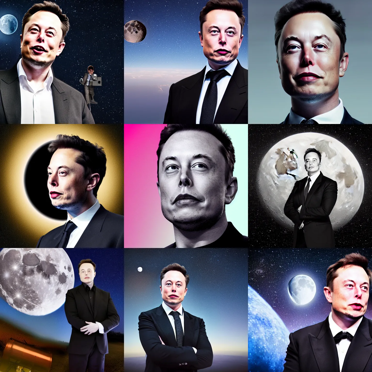 Prompt: a photograph of a younger elon musk in a suit, black background with waxing gibbous moon, photograph, photorealistic composite