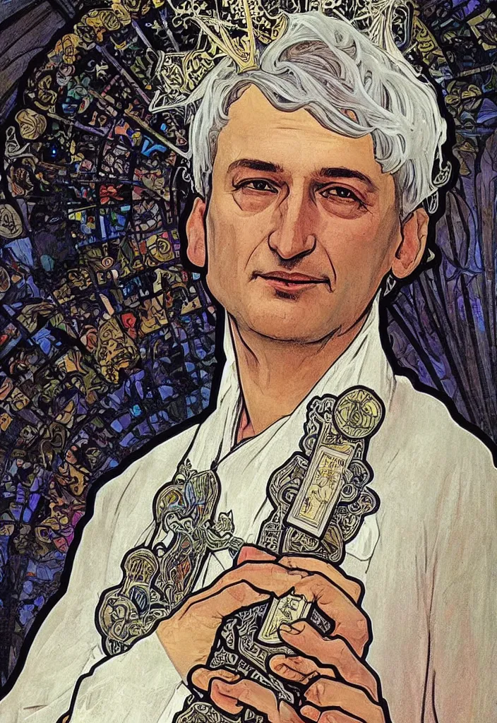 Image similar to realistic white - haired geoffrey hinton in a crown with neural networks on a tarot card, tarot in art style by alphonse mucha