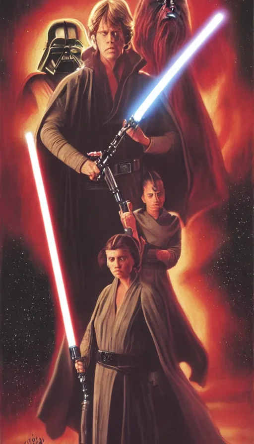 Image similar to poster artwork for the lost jedi star wars unreleased film from 1 9 8 6 featuring portraits luke skywalker, princess leia and han solo montage, an evil female sith lord looms in the background, planets and space battle, moody painting by drew struzan, beautiful backlit, epic award winning, artstation, extremely detailed, photorealistic, 4 k