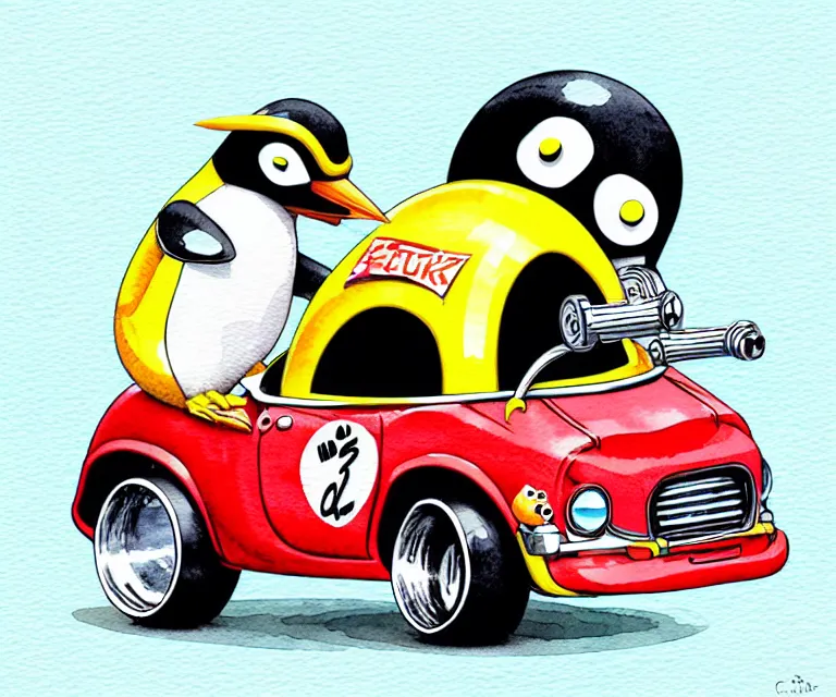 Image similar to cute and funny, penguin wearing a helmet riding in a tiny hot rod with an oversized engine, ratfink style by ed roth, centered award winning watercolor pen illustration, isometric illustration by chihiro iwasaki, edited by range murata, tiny details by artgerm and watercolor girl, symmetrically isometrically centered, sharply focused