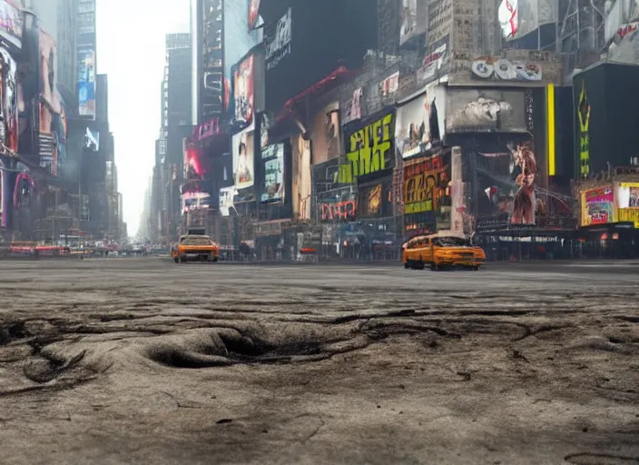 Image similar to film still of post apocalyptic empty time square, overgrown with wildlife walking through in the new sci - fi movie, 8 k