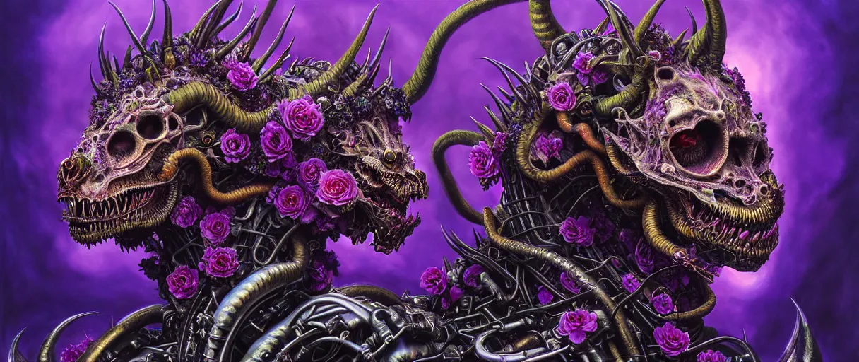 Prompt: hyperrealistic hyper detailed neo-surreal 35mm portrait of gothic cyborg dragon with multiple heads covered in flowers matte painting concept art hannah yata dali very dramatic purple lighting low angle hd 8k sharp shallow depth of field