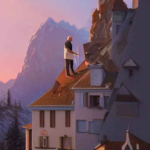 Image similar to Poetic sequence in Mr. Clean, a movie by Wes Anderson starring Adrian Brody. Adrian Brody tries to clean the windows of a large hotel in the Alps with mountain in the background. Elegant, intricate, digital painting, artstation, concept art, smooth, sharp focus, illustration, art by artgerm and greg rutkowski and alphonse mucha