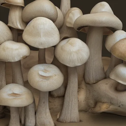 Image similar to woodcarving of multiple mushroom texture, photorealism, octane render, 8k